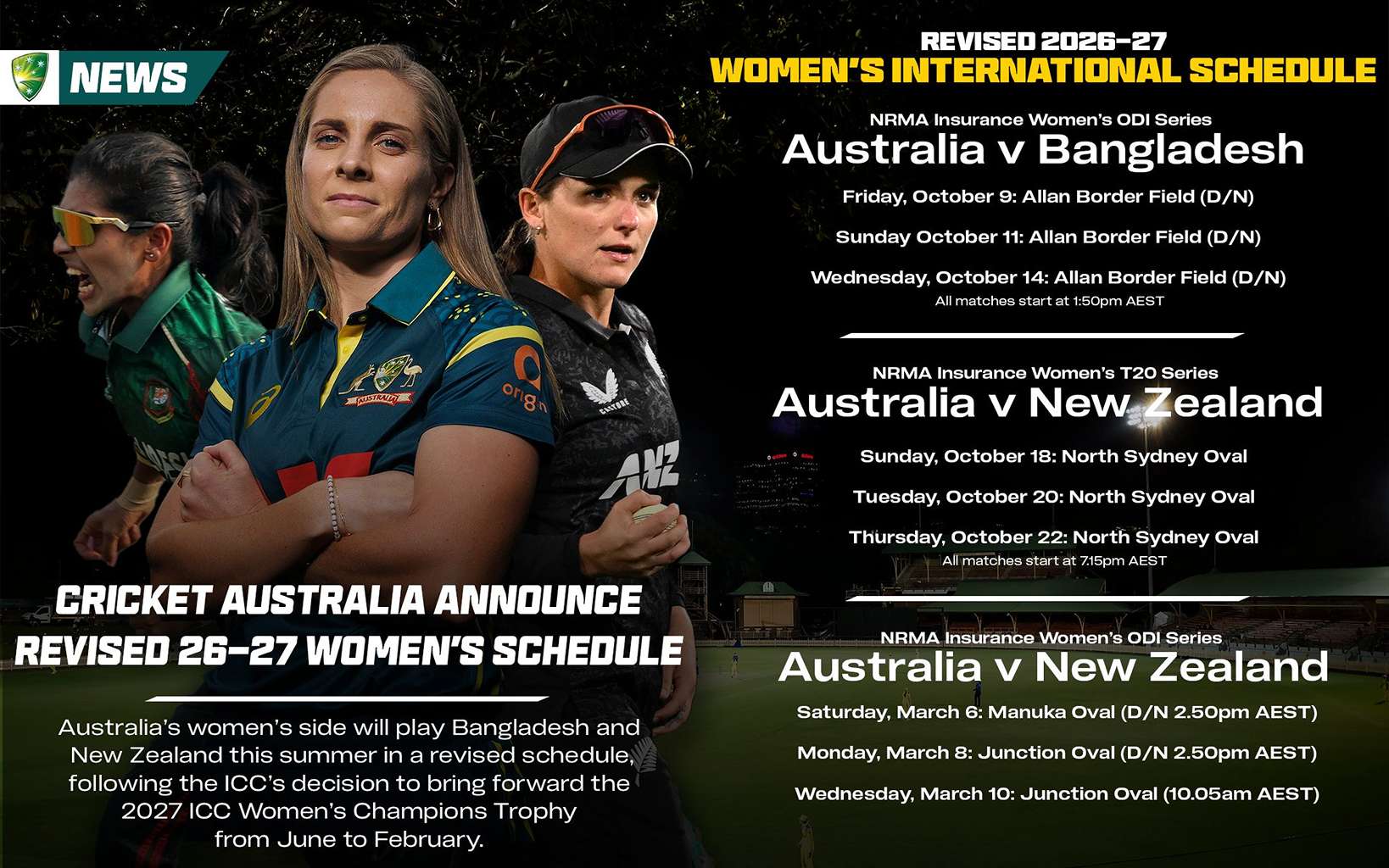 Cricket AUS reshuffles women’s fixtures; NZ tour twice scheduled